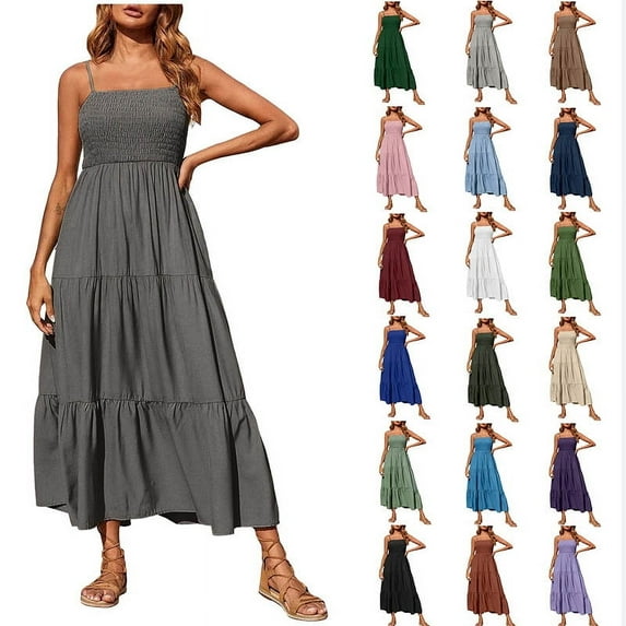 Summer Dresses for Women 2025 Bohemian Spaghetti Strap Smocked Tiered Long Beach Sun Dresses Sleeveless Solid Maxi Dress
