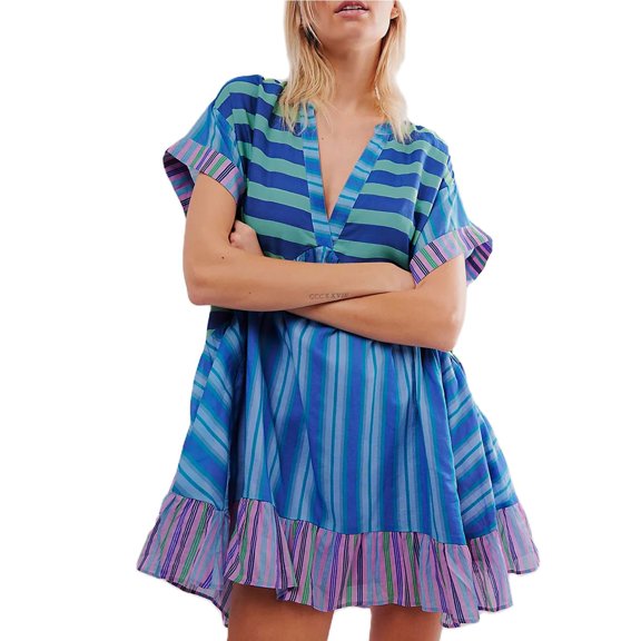 Summer Dresses for Women 2025 Boho Flowy Ruffle Mini Deep V Neck Casual Floral Prints Summer Dress Blue M