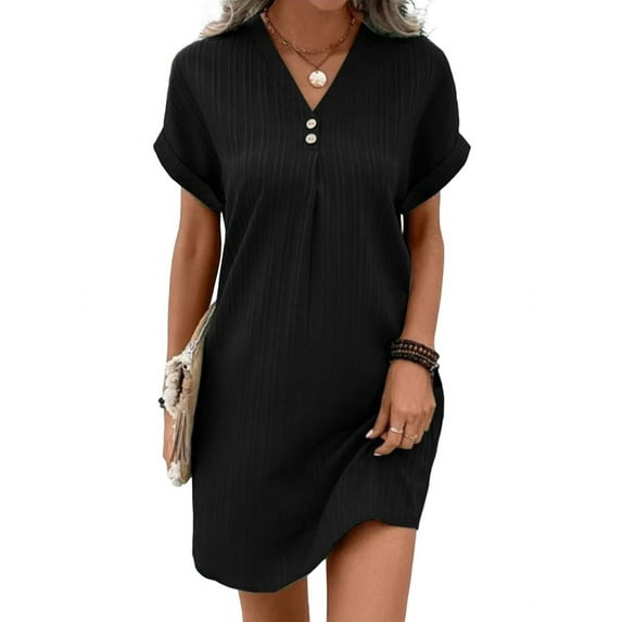 Summer Dresses for Women 2025 Casual Button V Neck Short Sleeve Tunics A Line Ribbed Mini T Shirt Dress Black XXL
