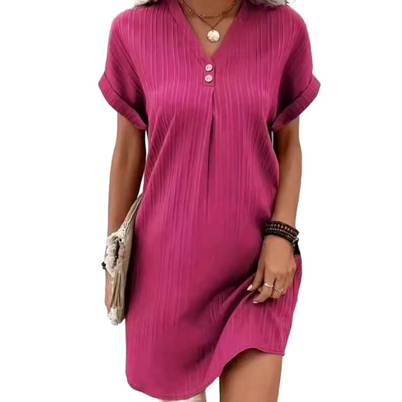 Summer Dresses for Women 2025 Casual Button V Neck Short Sleeve Tunics A Line Ribbed Mini T Shirt Dress Rose Red XL