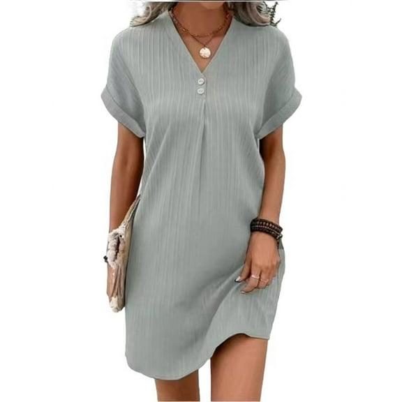 Summer Dresses for Women 2025 Casual Button V Neck Short Sleeve Tunics A Line Ribbed Mini T Shirt Dress Silver XXL