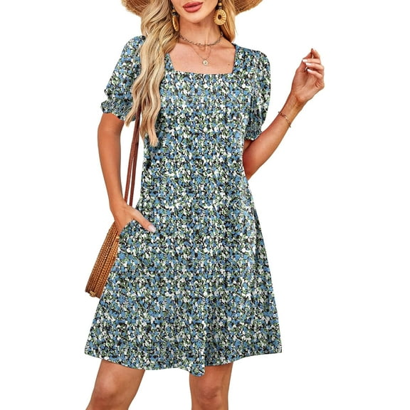 Summer Dresses for Women 2025 Casual Cute Square Neck Puff Short Sleeve Dress with Pockets