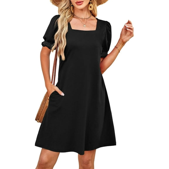 Summer Dresses for Women 2025 Casual Cute Square Neck Puff Short Sleeve Dress with Pockets