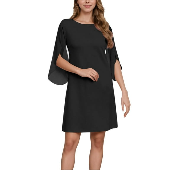 Summer Dresses for Women 2025 Casual Elegant Round Neck Cape Sleeve Flowy Party Dress for Daily Wear and Events Wedding Guest Dress Black L