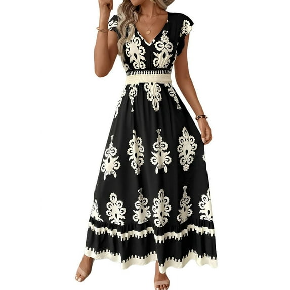 Summer Dresses for Women 2025 Casual Ruffle Sleeves Dress Sundresses Boho Beach Dresses Black L