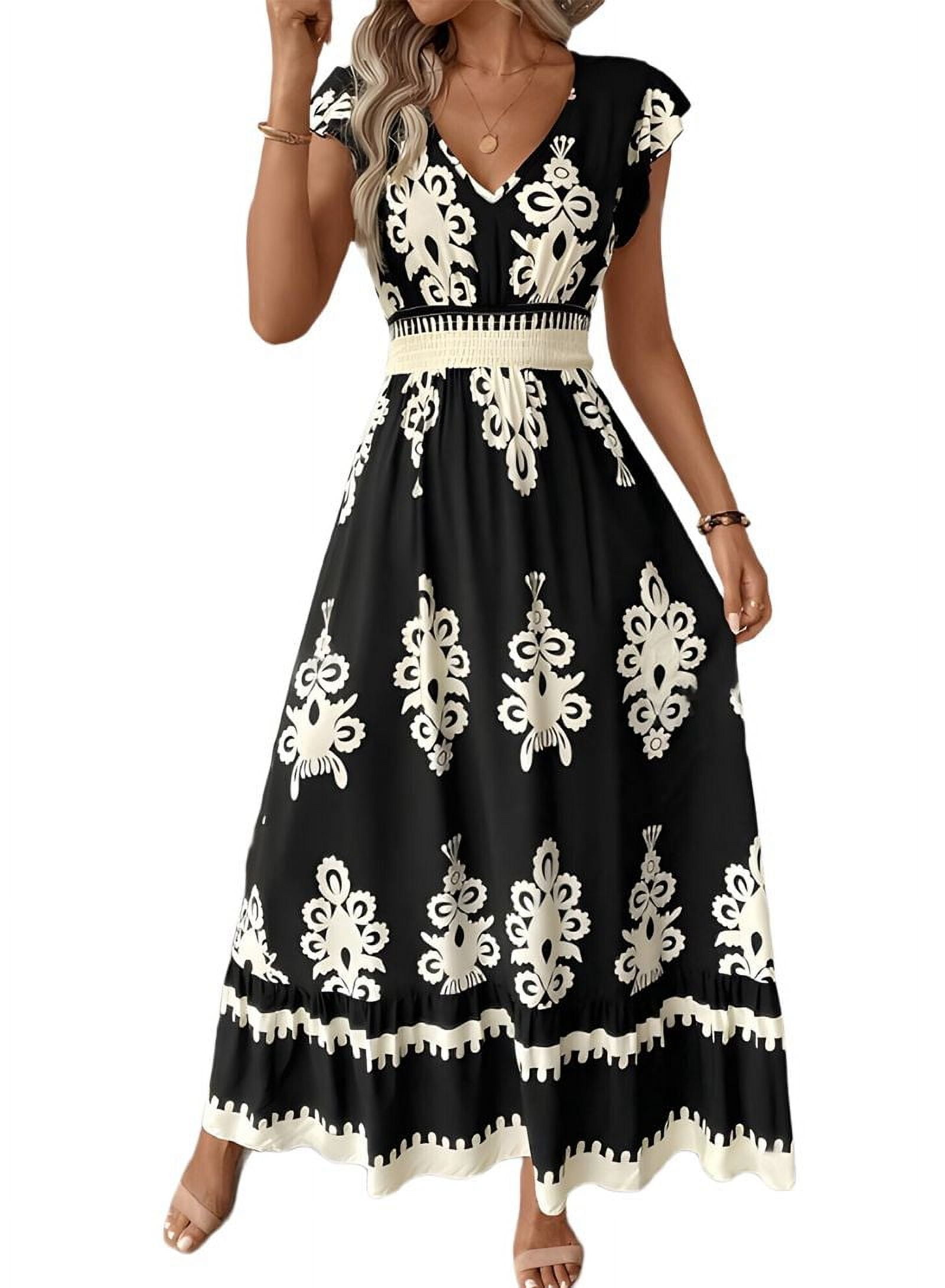 Summer Dresses for Women 2025 Casual Ruffle Sleeves Dress Sundresses Boho Beach Dresses Black XL