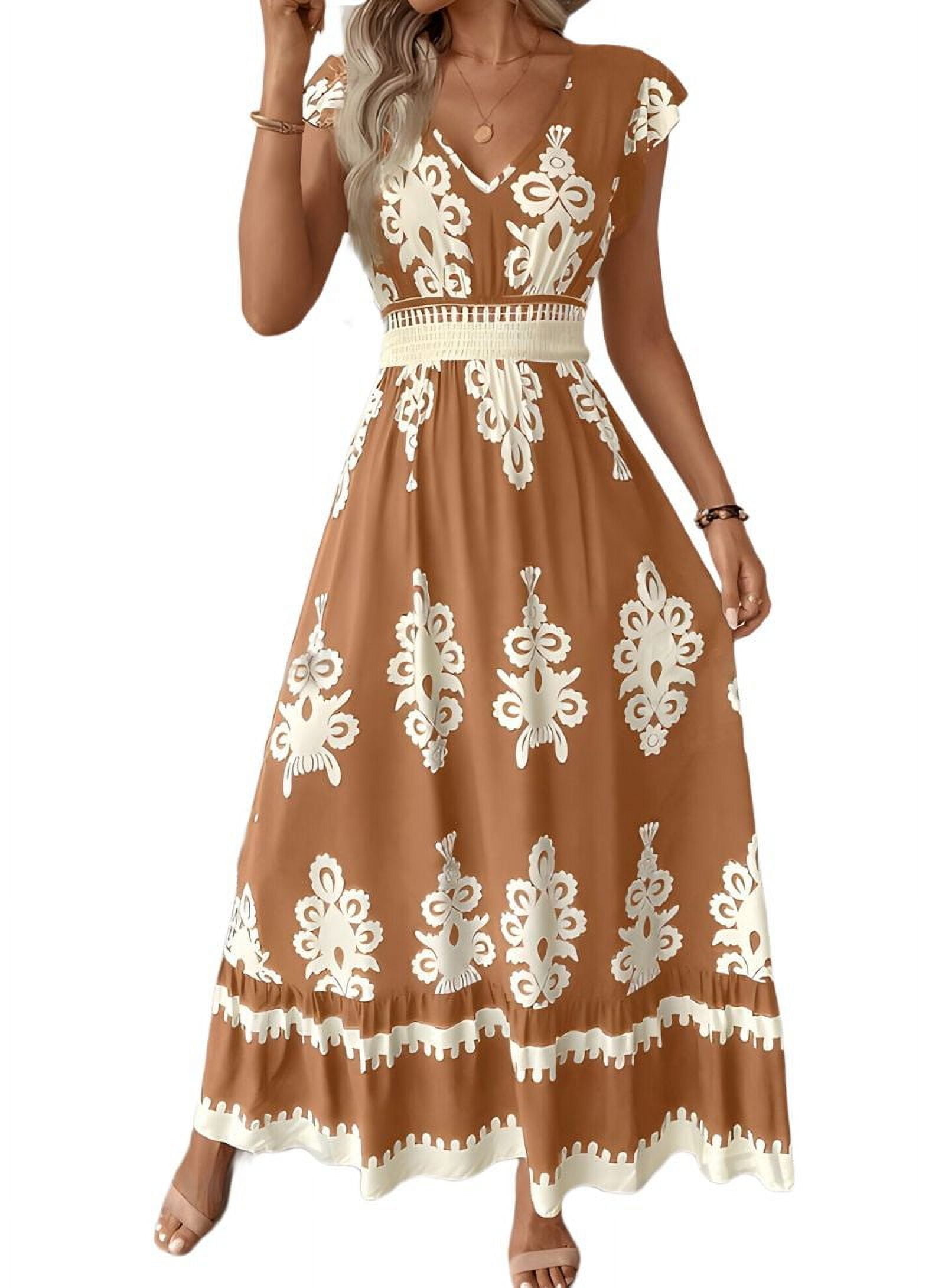 Summer Dresses for Women 2025 Casual Ruffle Sleeves Dress Sundresses Boho Beach Dresses Camel L
