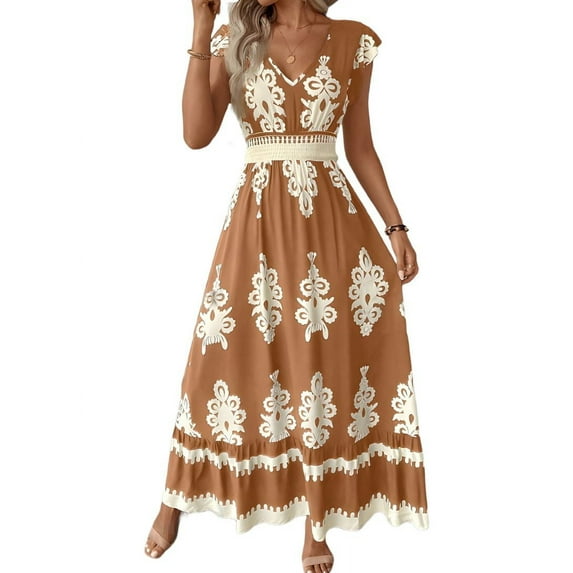 Summer Dresses for Women 2025 Casual Ruffle Sleeves Dress Sundresses Boho Beach Dresses Camel XL
