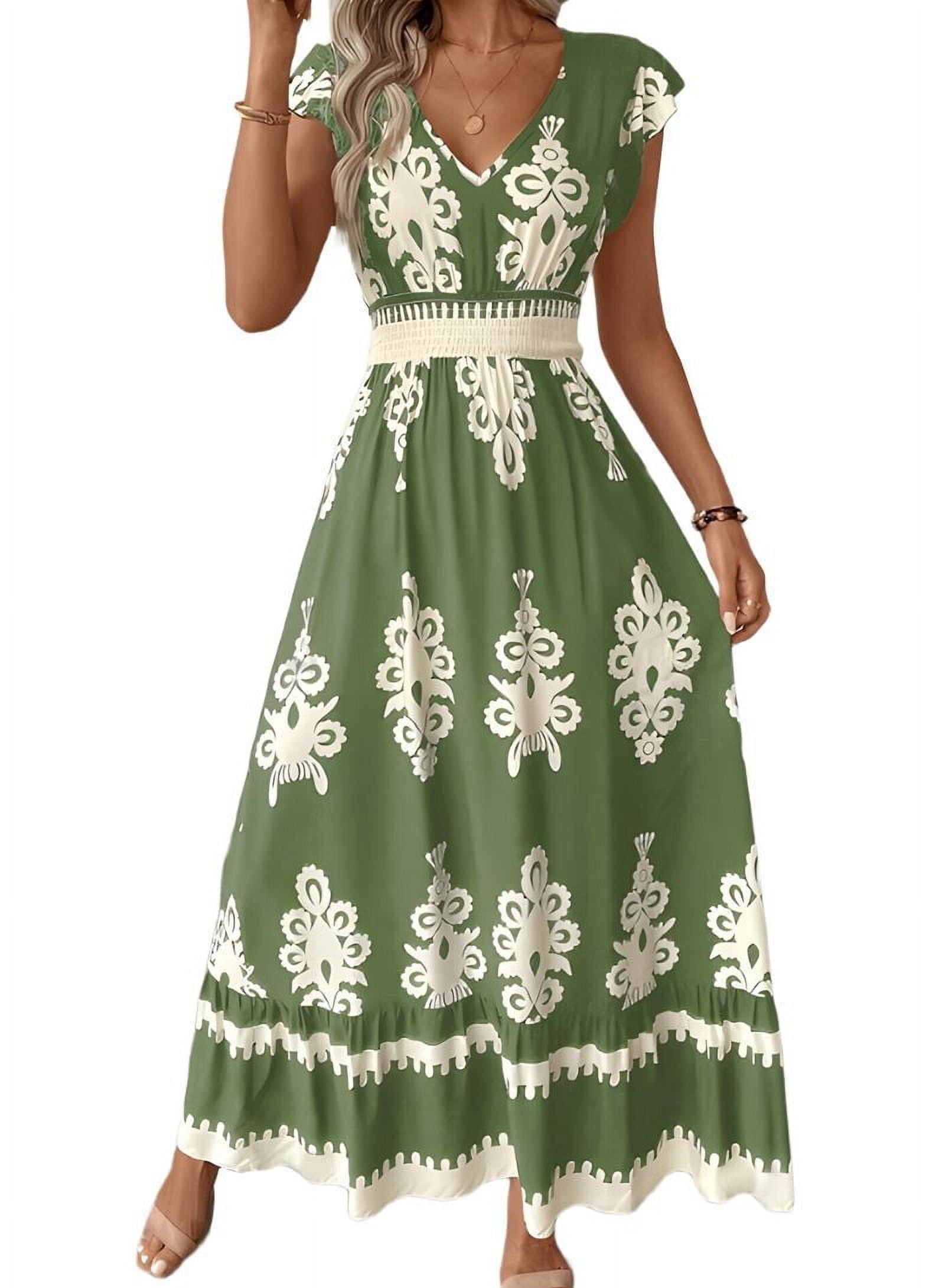 Summer Dresses for Women 2025 Casual Ruffle Sleeves Dress Sundresses Boho Beach Dresses Light Green L