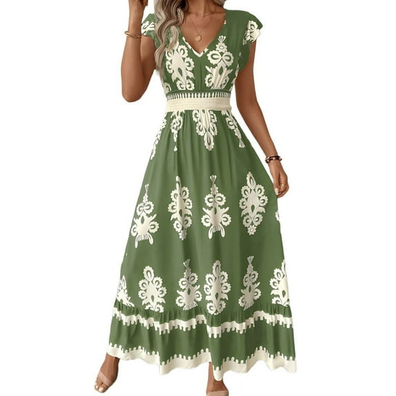 Summer Dresses for Women 2025 Casual Ruffle Sleeves Dress Sundresses Boho Beach Dresses Light Green L