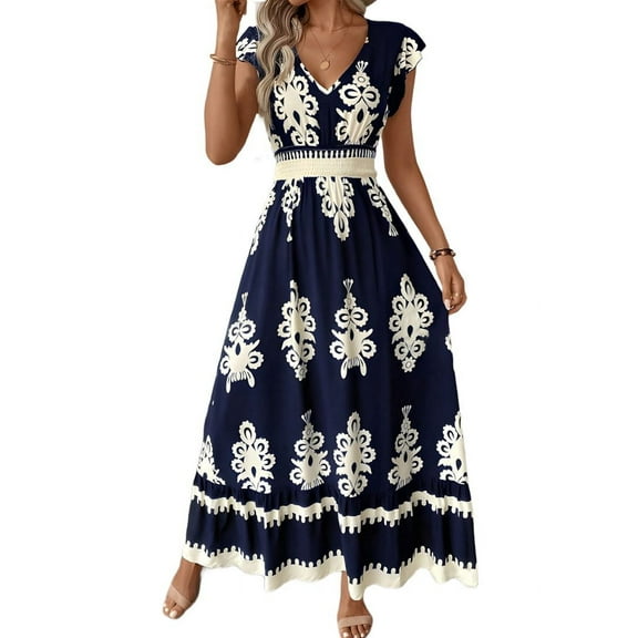 Summer Dresses for Women 2025 Casual Ruffle Sleeves Dress Sundresses Boho Beach Dresses Navy Blue XL