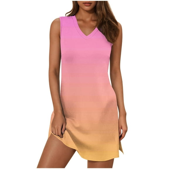 Summer Dresses for Women Casual V Neck Sleeveless Gradient Sundresses Cocktail Tank Dress Beach Cover Ups
