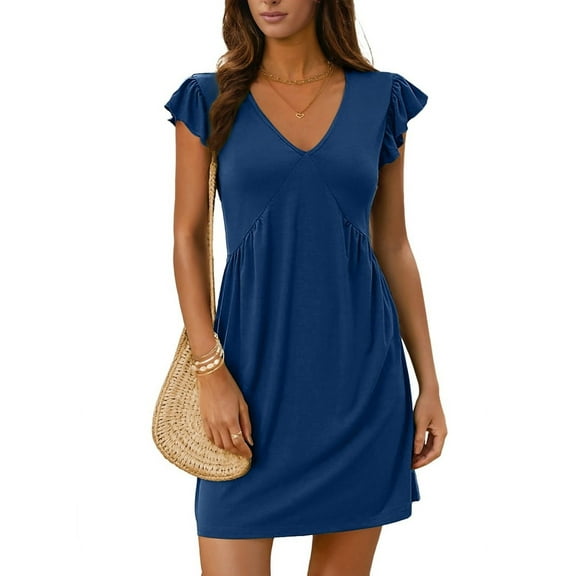 Women'S Deep V Neck Pleated Lotus Sleeve Loose Vest Dress Blue XXL