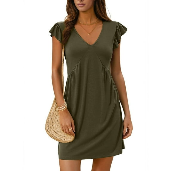 Summer Dresses for Women 2025 Cute Ruffle Cap Sleeve V-Neck Flowy Swing Mini Dress Sundress Green XL