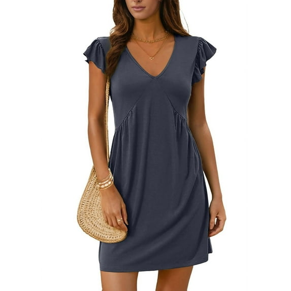 Summer Dresses for Women 2025 Cute Ruffle Cap Sleeve V-Neck Flowy Swing Mini Dress Sundress Navy Blue XXL