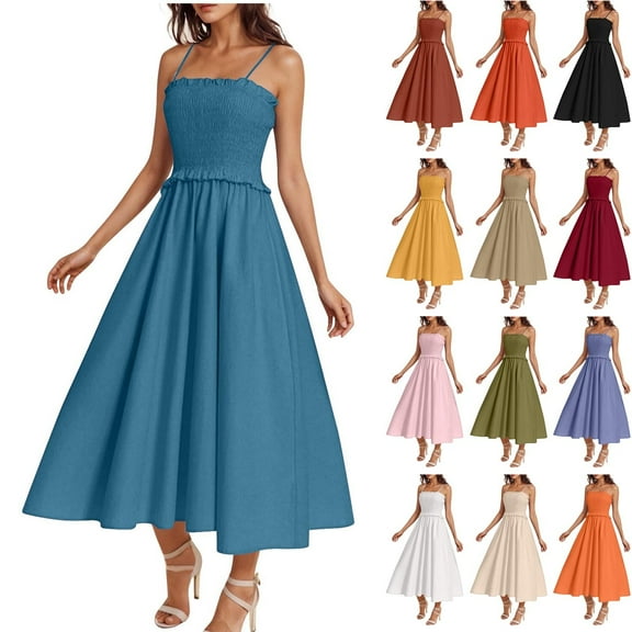 Summer Dresses for Women 2025 Fashion Pleated Dress Sexy Round Neck Sleeveless Solid Color Casual Comfortable All Occasion Wear