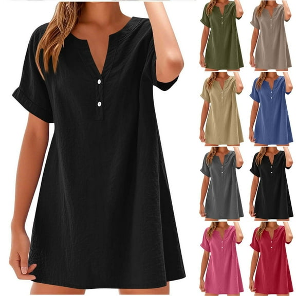 Summer Dresses for Women 2025, Fashion Women Casual Summer Short Sleeve V-Neck Button Dress(Black,S)