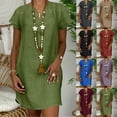 thumbnail image 1 of Summer Dresses for Women 2025, Fashion Women Loose V-Neck Summer Solid Short Sleeve And Linen Dress(Black,S), 1 of 7