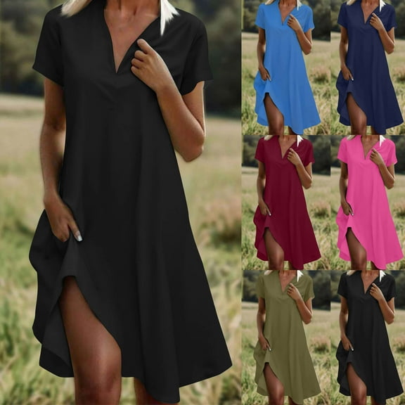 Summer Dresses for Women 2025, Fashion Women Solid Color V-neck Short Sleeve Loose And Comfortable Dress(Black,S)