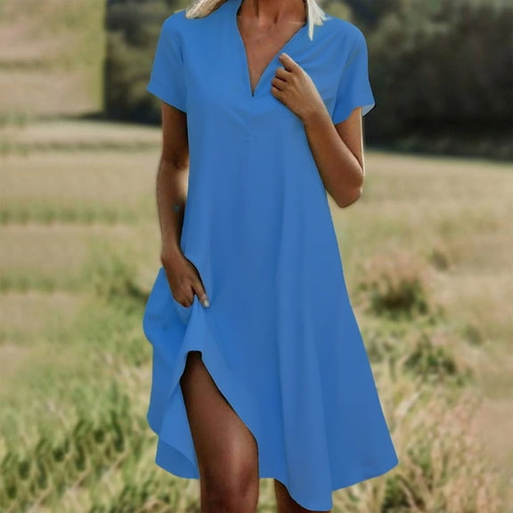 Summer Dresses for Women 2025, Fashion Women Solid Color V-neck Short Sleeve Loose And Comfortable Dress(Blue,S)