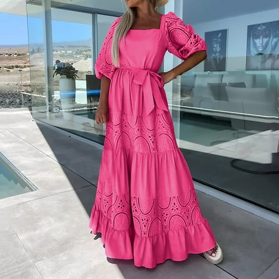 Summer Dresses for Women 2025 Fashion Women Summer Casual Hollow Out Bandage Short Sleeve Long Dress Boho Dresses for Women Hot Pink L