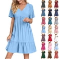 thumbnail image 1 of Summer Dresses for Women 2025, Fashion Women Summer Casual V-Neck Short Sleeve Mini Dress(Sky Blue,XXXXL), 1 of 9