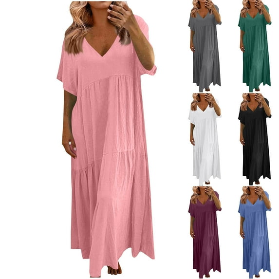 Summer Dresses for Women 2025, Fashion Women's Casual Short Sleeve Solid V-Neck Ladies Dress Long Dress(Black,S)