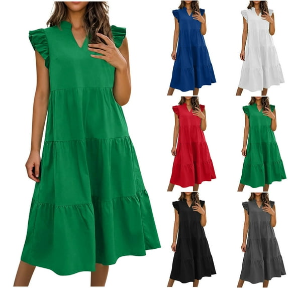 Summer Dresses for Women 2025, Fashion Women's Casual Solid V-Neck Pullover Sleeveless Pleated Irregular Dress(Green,S)