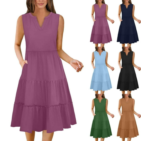 Summer Dresses for Women 2025, Fashion Women's Solid Sexy V-Neck Sleeveless Dresses Casual Pockets Comfortable All Occasion(Black,S)