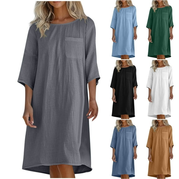 Summer Dresses for Women 2025, Fashion Women's Summer Casual Round Neck 3/4 Sleeve Solid Beach Sundresses Pockets Dress(Army Green,L)