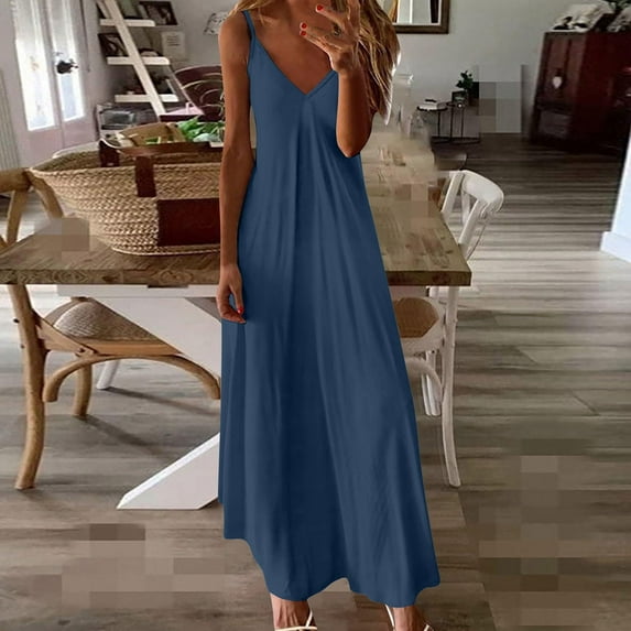 Summer Dresses for Women 2025, Fashion Women's Summer Casual V-Neck Camis Sleeveless Solid Beach Sundresses Boho Dresses(Blue,XXL)
