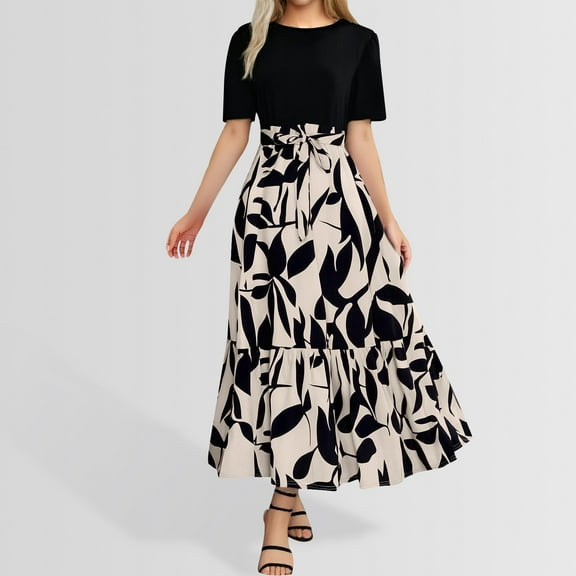 Summer Dresses for Women 2025 Floral Print Wrap Short Sleeve Maxi Patchwork Ruffle A Line Maxi Dress Beige M