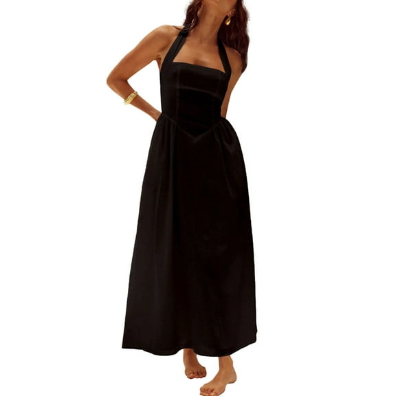Summer Dresses for Women 2025 Halter Maxi Wedding Guest Party Cocktail Semi Formal Elegant Sundress Black S