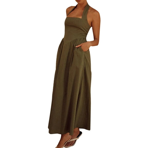 Summer Dresses for Women 2025 Halter Maxi Wedding Guest Party Cocktail Semi Formal Elegant Sundress Dark Green L