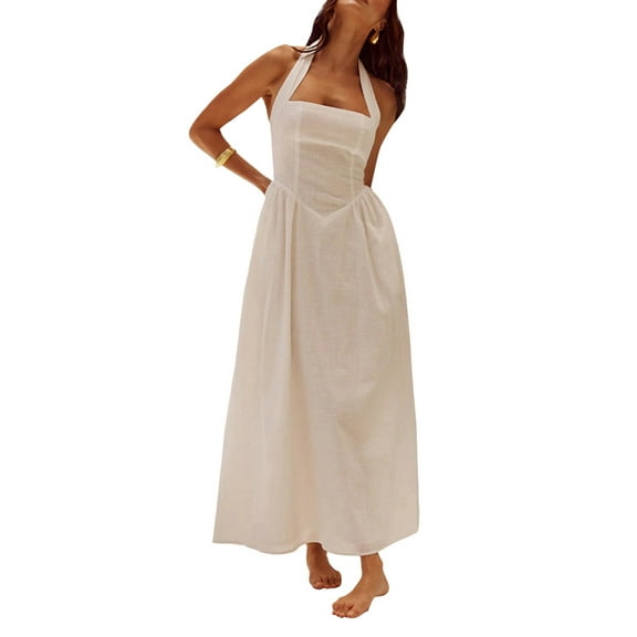 Summer Dresses for Women 2025 Halter Maxi Wedding Guest Party Cocktail Semi Formal Elegant Sundress White XL