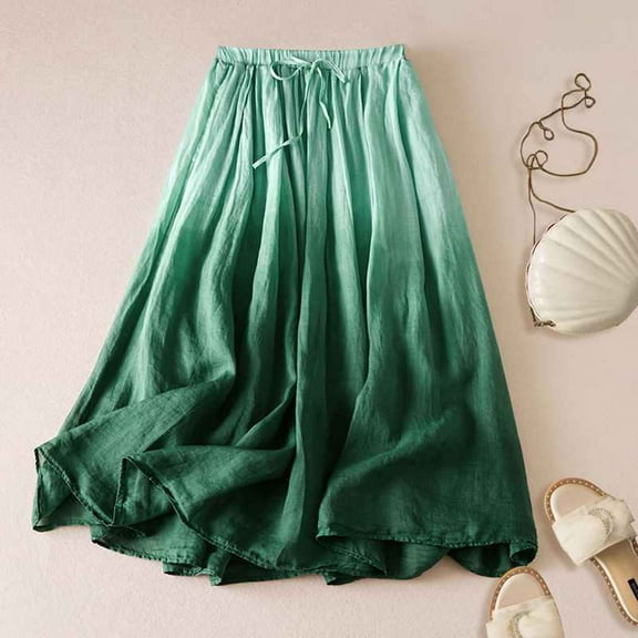 Summer Dresses for Women 2025 LEBONYARD Pleated Skirt in Cotton Fabric,Women's Summer Casual Printed and Linen-line Elastic Waist Skirt Green L