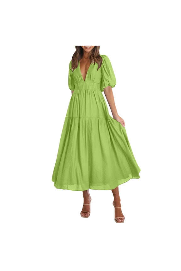 Summer Dresses for Women 2025 Ladies Casual Fashion Puff Sleeve V-Neck Long Dress Mint Green M