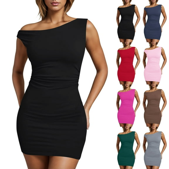 Summer Dresses for Women 2025, Ladies' Summer Solid Color Off Shoulder Dress Slim Sexy Hip Hugging Skirt(Black,S)