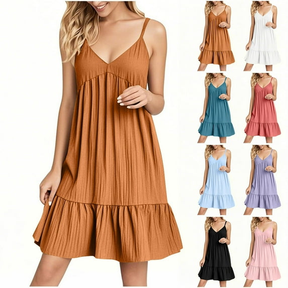 Summer Dresses for Women 2025, Ladies' Summer V-neck Strap Solid Color Dress(Black,S)