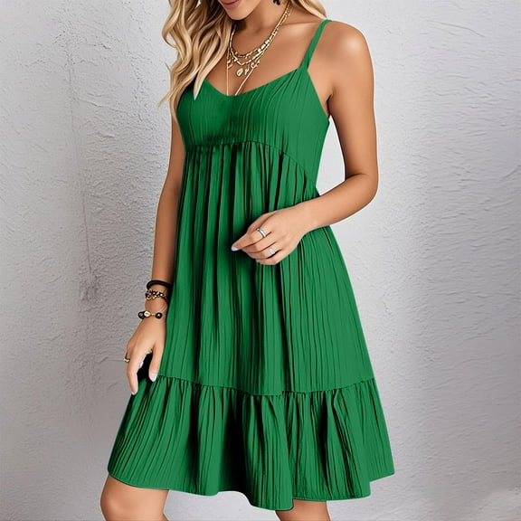Summer Dresses for Women 2025, Ladies' Summer V-neck Strap Solid Color Dress(Green,XS)