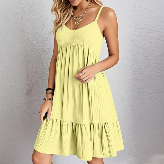 Summer Dresses for Women 2025, Ladies' Summer V-neck Strap Solid Color Dress(Yellow,S)