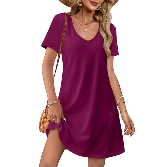 Summer Dresses for Women 2025 Loose V Neck Short Sleeve Casual T Shirt Dress Sundresses Swimsuit Coverup with Pockets