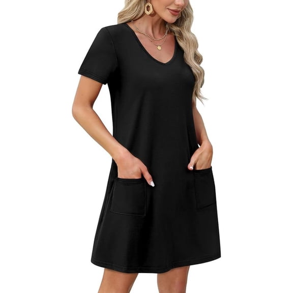Summer Dresses for Women 2025 Loose V Neck Short Sleeve Casual T Shirt Dress Sundresses Swimsuit Coverup with Pockets
