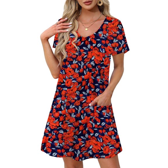 Summer Dresses for Women 2025 Loose V Neck Short Sleeve Casual T Shirt Dress Sundresses Swimsuit Coverup with Pockets