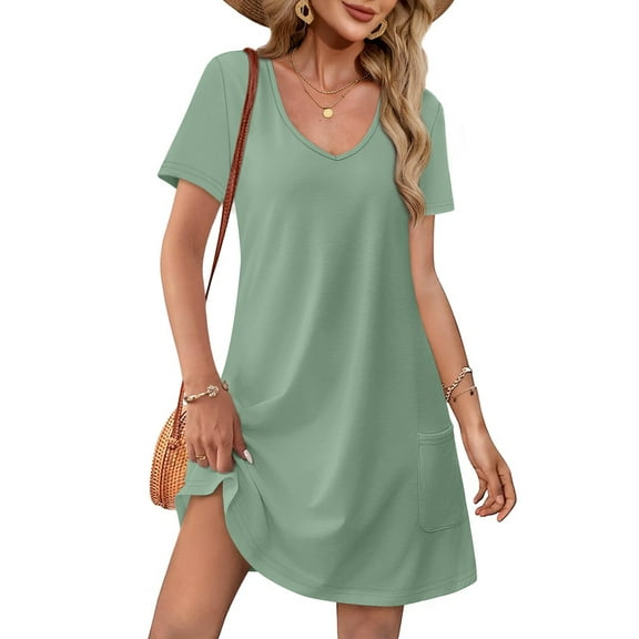 Summer Dresses for Women 2025 Loose V Neck Short Sleeve Casual T Shirt Dress Sundresses Swimsuit Coverup with Pockets