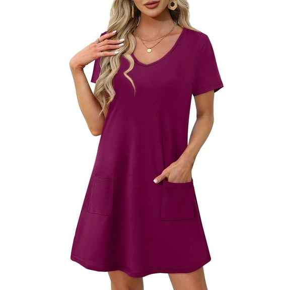 Summer Dresses for Women 2025 Loose V Neck Short Sleeve Casual T Shirt Dress Sundresses Swimsuit Coverup with Pockets