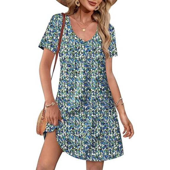 Summer Dresses for Women 2025 Loose V Neck Short Sleeve Casual T Shirt Dress Sundresses Swimsuit Coverup with Pockets