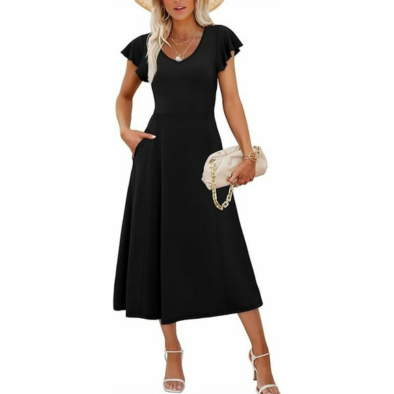 Summer Dresses for Women 2025 Midi Maxi Dress Elegant Classy Ruffle Sleeve Tie Back Scoop Neck