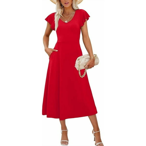 Summer Dresses for Women 2025 Midi Maxi Dress Elegant Classy Ruffle Sleeve Tie Back Scoop Neck