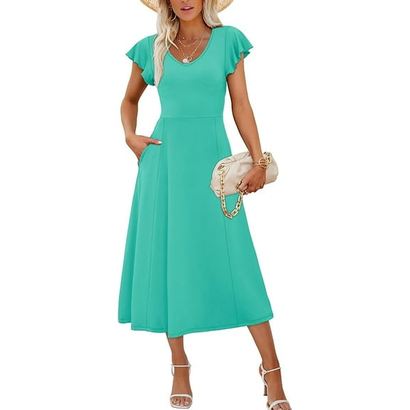 Summer Dresses for Women 2025 Midi Maxi Dress Elegant Classy Ruffle Sleeve Tie Back Scoop Neck